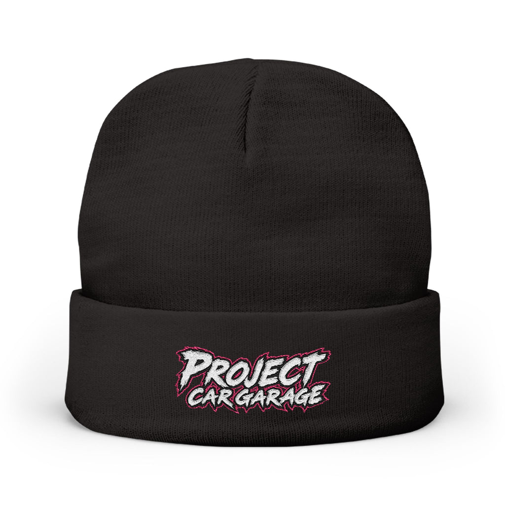 Embroidered 'Project Car Garage' Knit Beanie — Black Cuffed Winter Hat