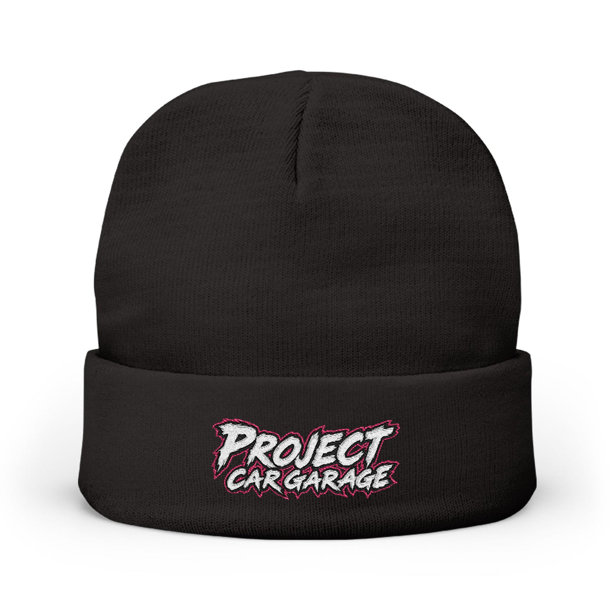 Embroidered 'Project Car Garage' Knit Beanie — Black Cuffed Winter Hat