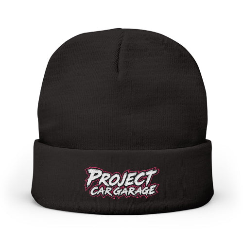 Embroidered 'Project Car Garage' Knit Beanie — Black Cuffed Winter Hat