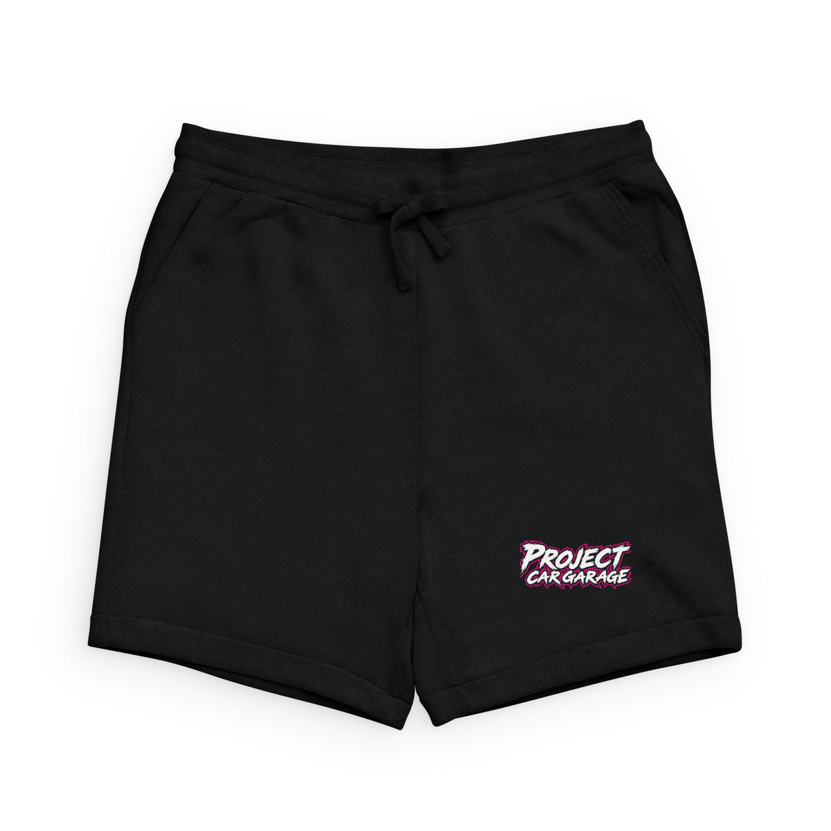 Project Car Garage Logo Sweatshorts — Black Casual Auto Enthusiast Shorts