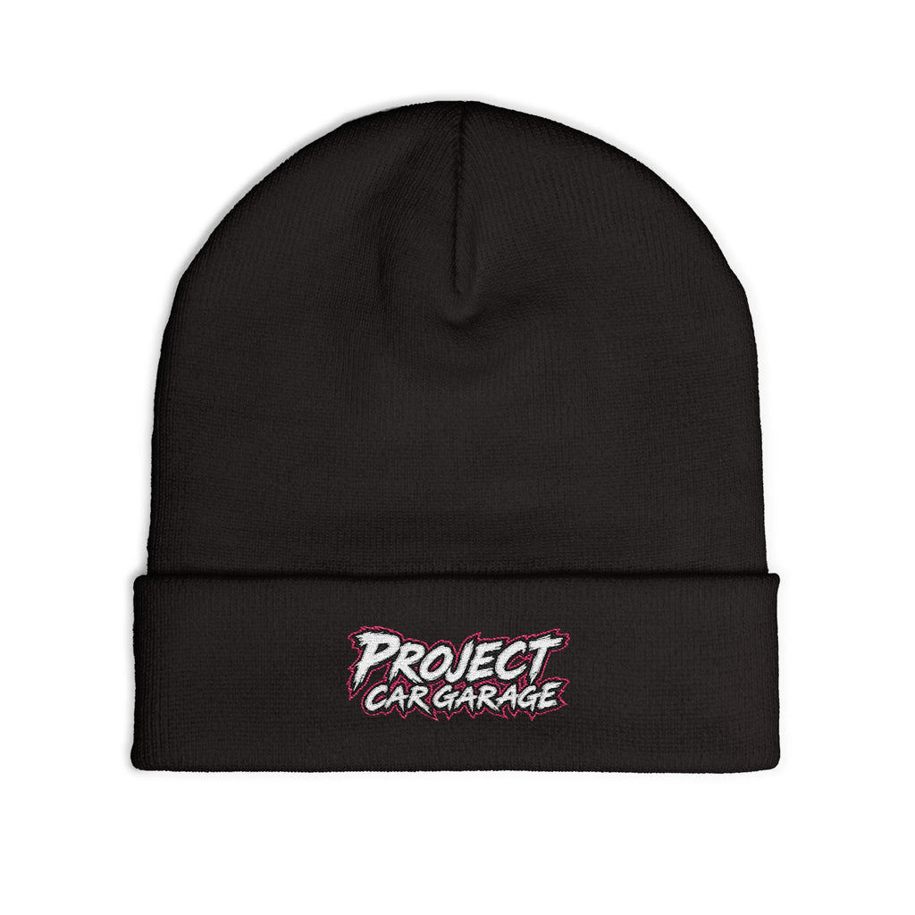 Embroidered 'Project Car Garage' Knit Beanie — Black Cuffed Winter Hat